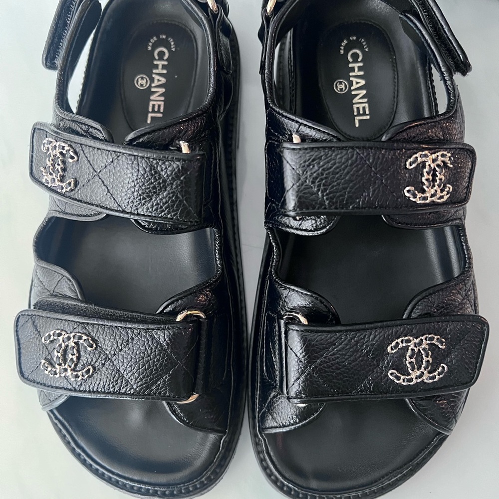 Chanel Black Caviar Chain CC Logo Gold Flat Dad Sandals